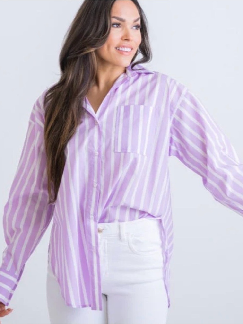 Karlie Button Up Tunic Blouse size Small Purple / White Stripe